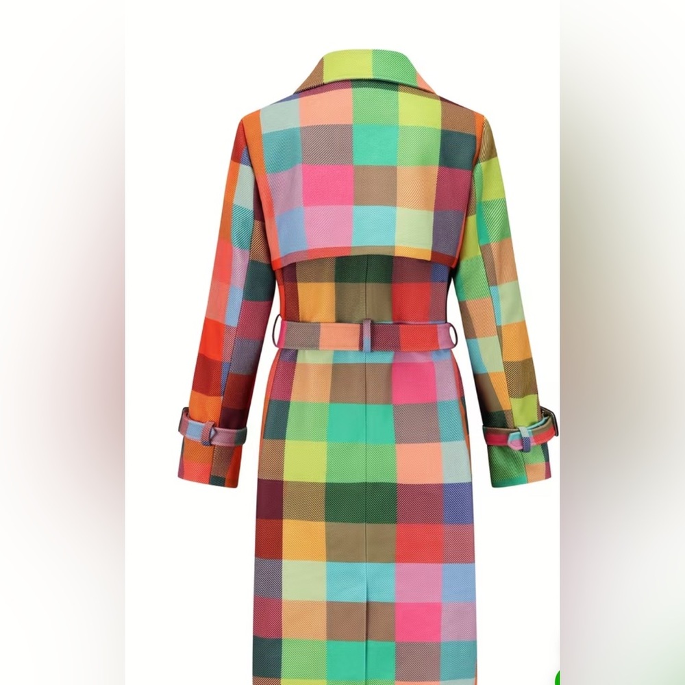 NEW $138 Rainbow Plaid Double-breasted Trench Coat - Picture 6 of 8